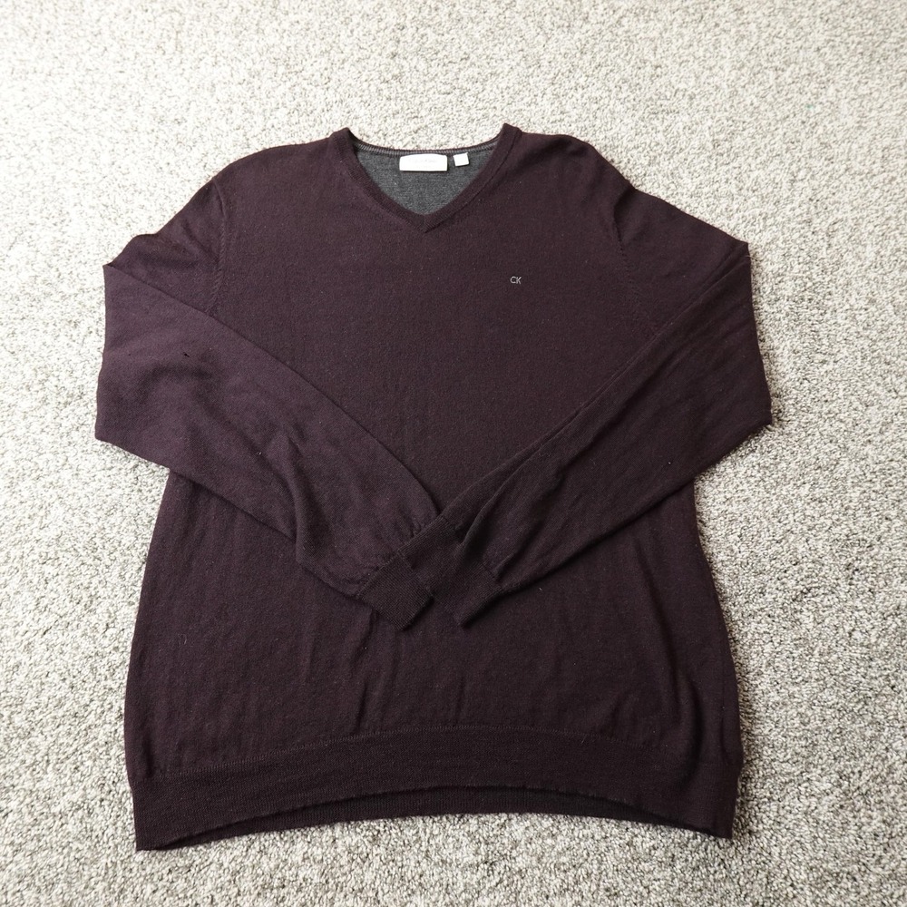 Calvin Klein Sweater Mens XL Red Purple Italian Merino Wool V Neck Pullover Knit